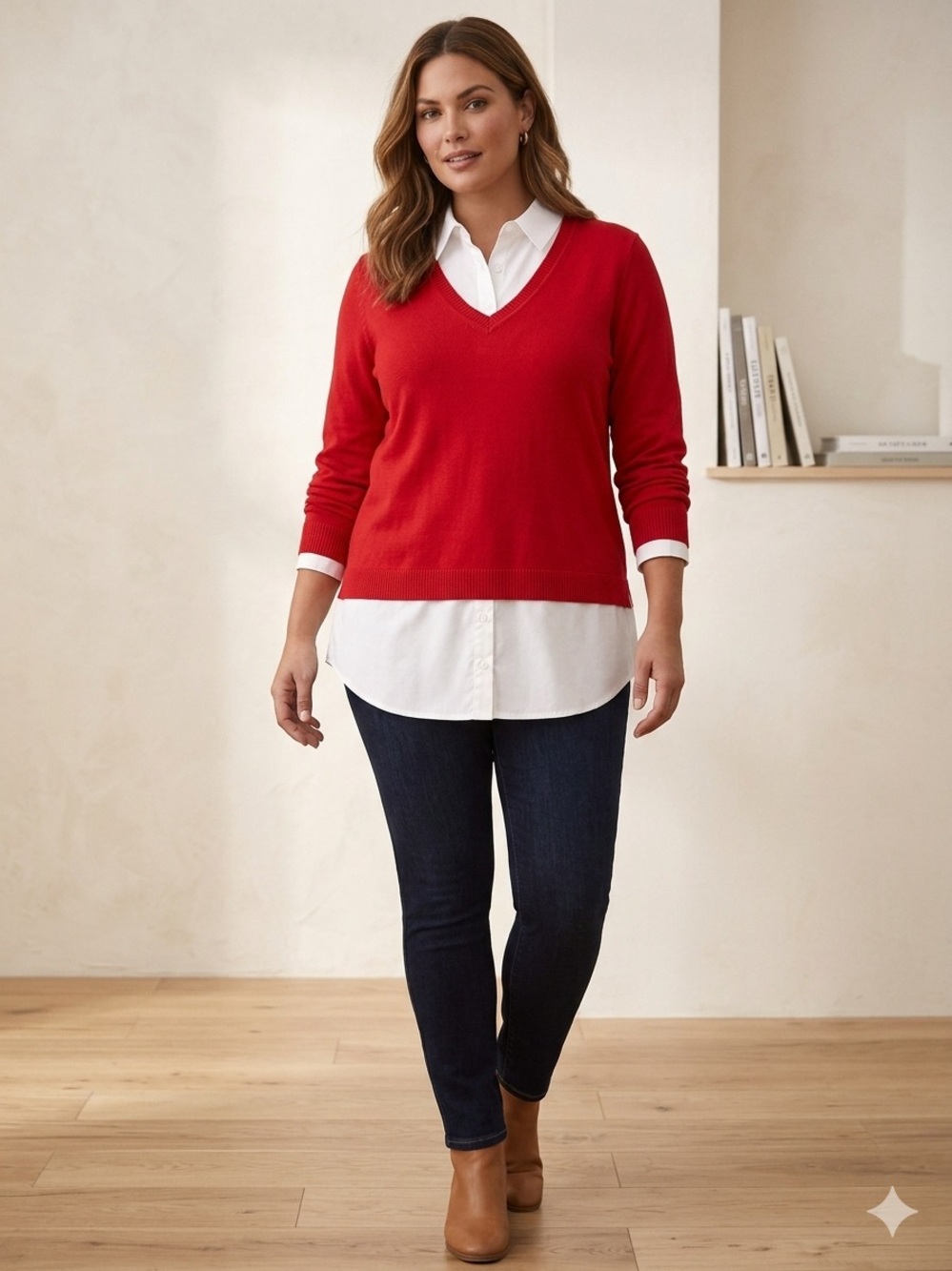 Rio & Rian Red & White Layered-Look V-Neck Sweater Size L NWT